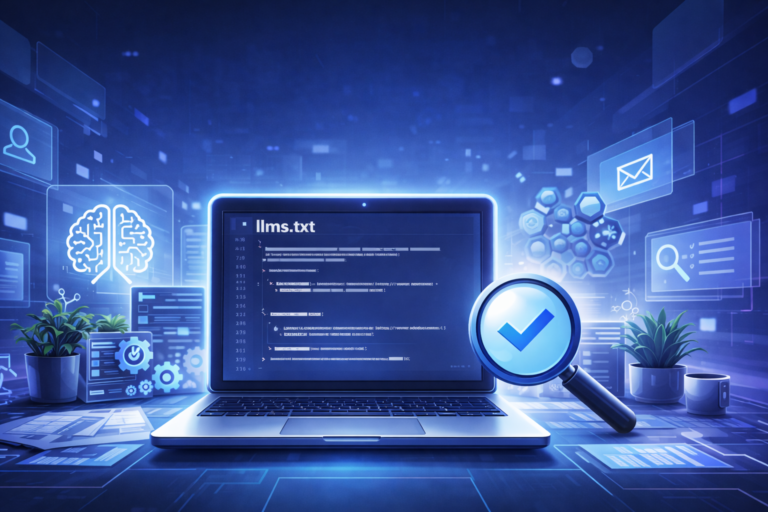Niebieska grafika z komputerem, na którego ekranie widać napis llms.txt